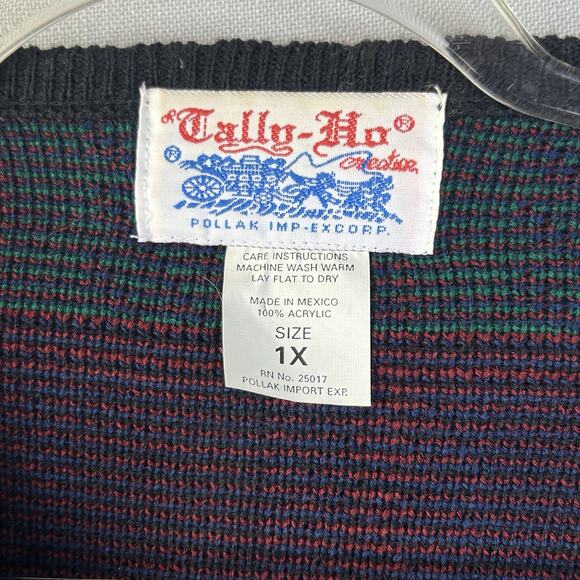 Vintage Tally Ho Cardigan Sweater Women 1X Green Blue Plaid Christmas Preppy - Picture 2 of 8